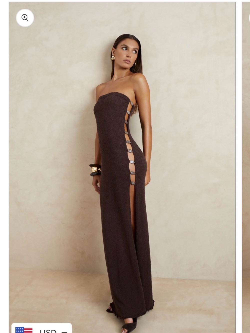 Strapless Side-Ring Maxi Dress in Dark Brown